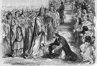 Ludwik I Pobożny lub Debonnaire (778-840) na kolanach papieża Stefana V (Stefano, papież od 896 do 897). Grawer w „Histoire des Papes-Rois-Queen and Empereurs a travers les Century” Maurice Lachatre autorstwa French School
