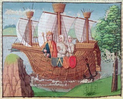Wyjazd Ludwika VII do Ziemi Świętej z kilkoma cystersami w 1145 r., miniatura z „Ogier le Danois”, druk A. Verard, Paryż autorstwa French School