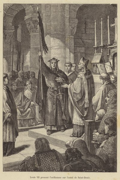 Ludwik VII biorąc sztandar z ołtarza Saint-Denis (rycina) autorstwa French School