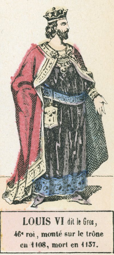 Ludwik VI dit le Gros, 46 król, wstąpił na tron ​​w 1108, zmarł w 1137 (kolorowa rycina) autorstwa French School