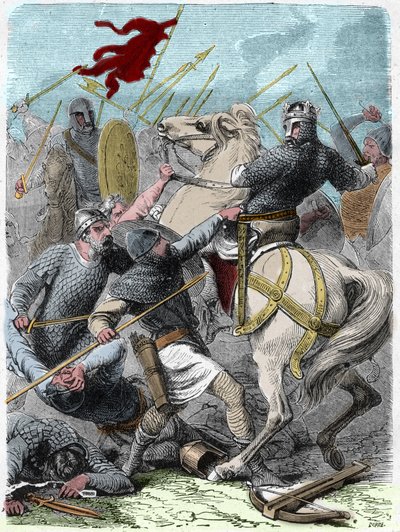 Ludwik VI powiedział „The Gros” (1081 - 1137), w bitwie pod Brenneville, próbował odebrać Normandię królowi Anglii Henrykowi I w 1119. Grawerowanie w „” Histoire De France En Cent Paintings” Paula Lehugeura „” 1891. autorstwa French School