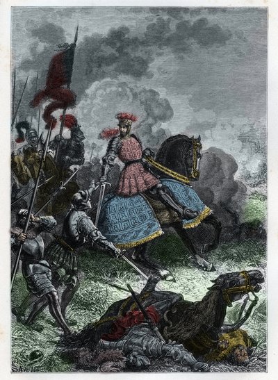 Ludwik XII w bitwie pod Agnadel koło Cremy w Lombardii wygranej przez króla nad Wenecjanami 14 maja 1509 - Bitwa pod Agnadello - Ludwik XII pokonuje Wenecjan - rycina z „L