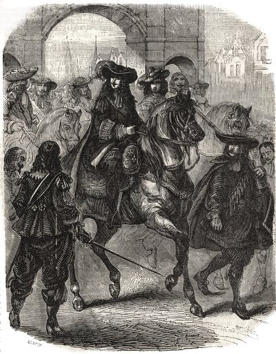 Ludwik XIV (1638-1715) i jego żona Marie Therese (Marie-Therese) z Austrii (1638-1683) wkroczyli do Paryża w 1660 roku. Grawerowanie w „”Histoire de France”” L.-P. Anguetil autorstwa French School