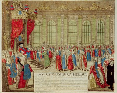 Ludwik XIV (1638-1715) odbiera perskiego ambasadora Mohammeda Rezę Bega w Galerie des Glaces w Wersalu, 19 lutego 1715 autorstwa French School
