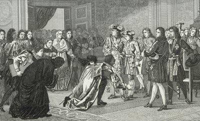 Ludwik XIV (1638-1715) Król Słońce przedstawia posłom hiszpańskim swego wnuka Filipa V (1683-1746) z „Histoire de France” Colarta, wydanej ok. 1840 r. autorstwa French School