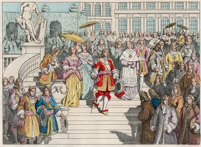 Ludwik XIV (Ludwik 14) i jego dwór w Wersalu - Ludwik XIV z Francji i jego dwór w Wersalu - Rycina z końca XIX wieku w „”Nos Gires Nationales – Images et recits”” autorstwa French School