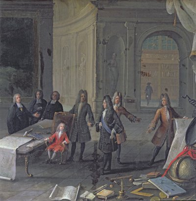 Ludwik XIV uczęszczający na lekcję swojego prawnuka, przyszłego Ludwika XV, ok. 1715 autorstwa French School