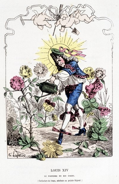 Ludwik XIV przebrany za ogrodnika – w „Histoire de France Tintamarresque” autorstwa Touchatout autorstwa French School