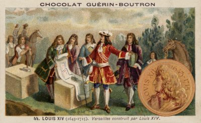 Ludwik XIV Francji nadzorujący budowę Pałacu Wersalskiego (chromolitho) autorstwa French School