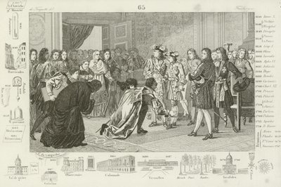 Ludwik XIV przedstawiający swojego wnuka, Filipa V, posłom hiszpańskim jako ich nowego króla, 1700 autorstwa French School