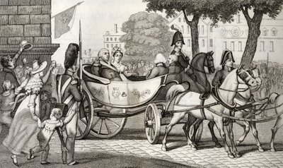 لوئس XVIII (1755-1824) په 1814 کې د بیا رغونې په وخت کې پاریس ته ننوتل، د کولارټ لخوا د "Histoire de France" څخه، c.1840 poli چاپ شو. autorstwa French School