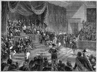 Ludwik XVIII i ustanowienie Monarchii Konstytucyjnej - Karta Konstytucyjna 4 czerwca 1814 - Ludwik XVIII przewodniczy otwarciu sesji Izb 4 czerwca 1814 w Palais Bourbon w Paryżu - w „Histoire de l