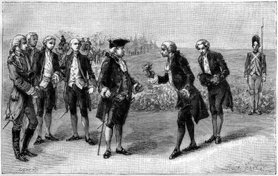 Ludwik XVI (1754-1793) odwiedzając pierwsze pole ziemniaczane na równinie Sablonów (dzisiejsza aleja de la Grande Armee, Paryż), Antoine Augustin Parmentier (1737-1813) ofiarował mu kwiaty ziemniaczane około 1785 roku. ” La Natura. Revue des sciences autorstwa French School