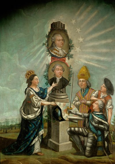 Ludwik XVI i jego minister finansów Jacques Necker, podziwiani przez trzy stany Francji, arystokrację, duchowieństwo i burżuazję ... autorstwa French School