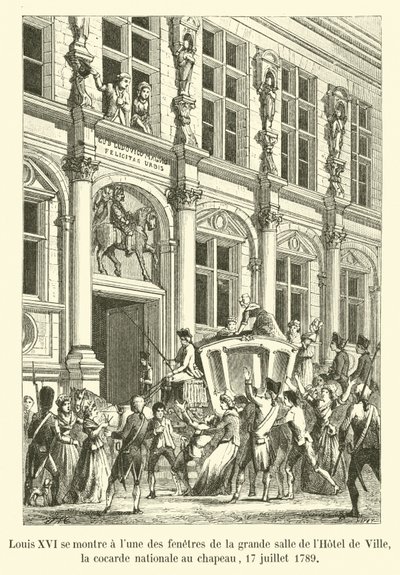 Ludwik XVI ukazuje się księżycem z okien wielkiej sali Hôtel de Ville, narodowa kokarda na kapeluszu, 17 lipca 1789 autorstwa French School
