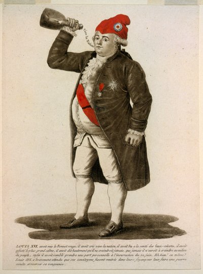 Ludwik XVI w czerwonej czapce, wołający „Niech żyje naród”, pub 1792 (akwaforta ręcznie kolorowana) autorstwa French School