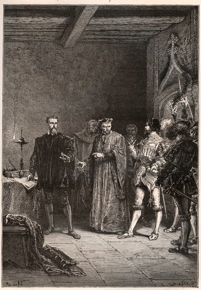 Ludwik de Berquin (1485-1529), rycerz i humanista, reformator religijny, wyzwolony przez Jeana de la Barre (1523-1533) prevot de Paris - Louis de Berquin (z lewej) zwolniony z więzienia przez Jana de la Barre - rycina z „” Historia Francji opowiedziana moj autorstwa French School