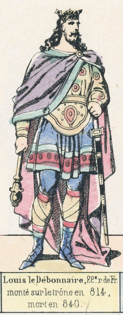 Louis le Debonnaire, 22. król Francji, wstąpił na tron ​​w 814, zmarł w 840 (kolorowa rycina) autorstwa French School