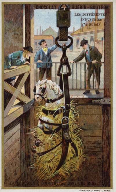 Opuszczanie konia do kopalni (chromolitho) autorstwa French School