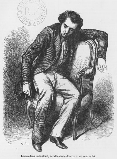 Lucien de Rubempre pogrążony w smutku, ilustracja z „Les Illusions perdues” Honore de Balzac autorstwa French School