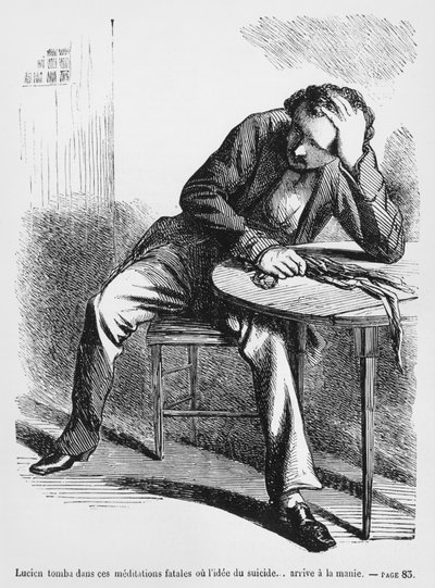 Lucien de Rubempre myślący o samobójstwie, ilustracja ze Splendeurs et Miseres des Courtisanes autorstwa Honore de Balzac, opublikowana w 1867 r. autorstwa French School