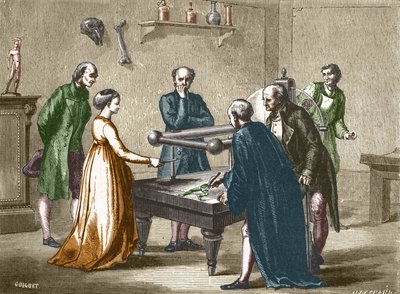 Luigi Galvani, profesor w Bolonii, odkrył w 1780 r. drażliwość mięśni żaby pod wpływem elektryczności - w „Albumie Nauki; wybitni naukowcy; Wielkie odkrycia”” 1896. autorstwa French School
