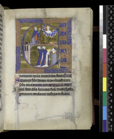 MS 300 f.107r, Dawid modli się do Boga (powyżej), dwóch kleryków (poniżej), z Psałterza i Godzin Izabeli Francuskiej, Paryż, ok. 1265-70 (pióro i tusz oraz tempera na pergaminie) autorstwa French School