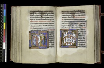 MS 300 f.198v-199r, Suffrage to the Cross and Suffrage to Angels, z Psałterza i Godzin Izabeli Francuskiej, Paryż, ok. 1265-70 (pióro i tusz oraz tempera na pergaminie) autorstwa French School