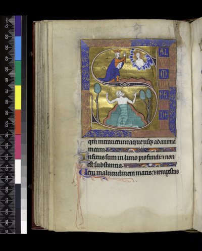 MS 300 f.70v, Dawid modli się do Boga (powyżej), Dawid tonie w wodzie (poniżej), z Psałterza i Godzin Izabeli Francuskiej, Paryż, ok. 1265-70 (pióro i tusz oraz tempera na pergaminie) autorstwa French School