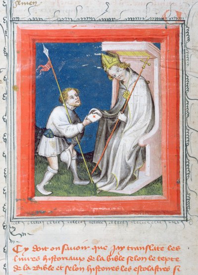 MS 313 Posłaniec wręczający list od króla Francji do biskupa, miniatura z Biblii de Guiart des Moulins autorstwa French School