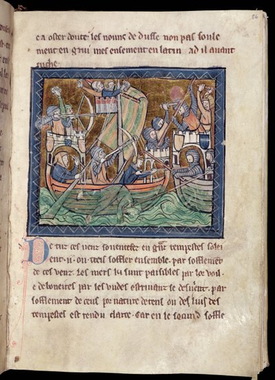 MS Marlay Add 1 f.86 Strona tekstu z iluminacją bitwy morskiej, z De Re Militari, c.1270 autorstwa French School