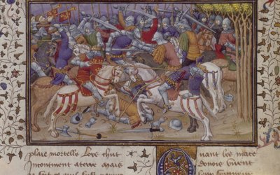 MS Royal 20 B.XX fol.16v Klęska Filipa przez Pauzaniasza z walką rycerzy konnych, z „La Vraye Histoire du Bon Roy Alixandre” Pseudo-Kallisthenesa, początek XV w. (wellum) autorstwa French School