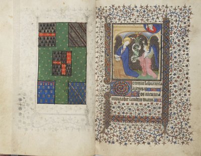 MS Widener 4, ff.26v-27r, Herb i Zwiastowanie, z Księgi Godzin, użycie Rennes, ok.1405 (pióro i atrament oraz tempera na welinie) autorstwa French School