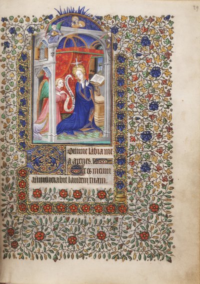 MS Widener 6 f.29r, Zwiastowanie, z Księgi Godzin, wykorzystanie Paryż autorstwa French School