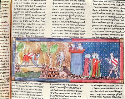 M. 806 f.166 Lancelot udowadnia swoją miłość do Ginewry, przekraczając rzekę połączoną ostrym mieczem, z Roman de Lancelot du Lac, 1344 autorstwa French School