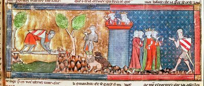 M. 806 f.166 Lancelot udowadnia swoją miłość do Ginewry, przekraczając rzekę połączoną ostrym mieczem, z Roman de Lancelot du Lac, 1344 autorstwa French School
