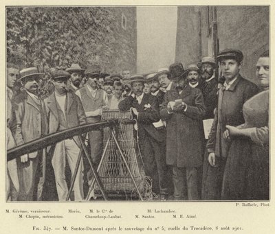 M Santos-Dumont po uratowaniu nr 5, Ruelle du Trocadero, 8 sierpnia 1901 (rycina) autorstwa French School