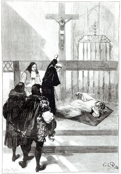 Madame de Sazilles jest egzorcyzmowana w obecności księcia Gaston dOrleans, ilustracja dla opętanych Loudun w Les Mysteres de la Science autorstwa Louisa Figuiera, 1886 autorstwa French School