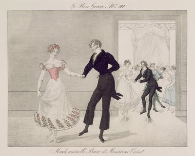 Mademoiselle Busc i Monsieur Gorset, płyta 111 z gatunku le Bon, ok. 1810 (kolorowe grawerowanie) autorstwa French School