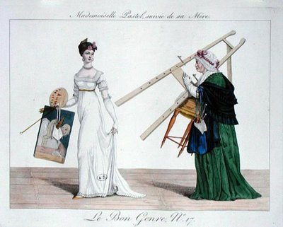 Mademoiselle Pastel podążająca za matką, tablica 17 z "Le Bon Genre". autorstwa French School