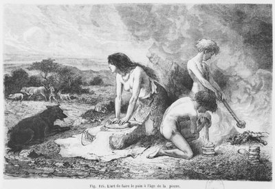 Wyrób chleba w epoce kamienia łupanego, ilustracja z LHomme Primitif Louisa Figuiera, wyd. Hachette, 1870 autorstwa French School