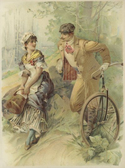 Mężczyzna na rowerze oświadczający się pokojówce (chromolitografia) autorstwa French School
