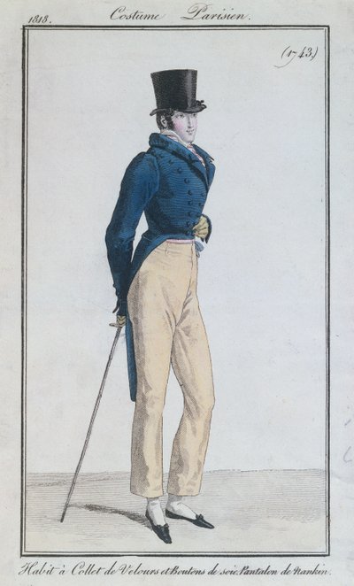 Garnitur męski z aksamitnym kołnierzem, jedwabnymi guzikami i spodniami nankeen, 1816 autorstwa French School