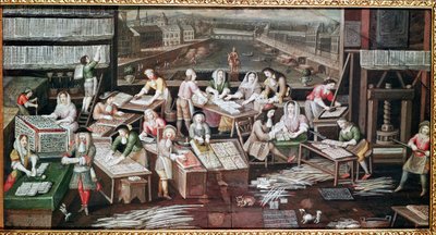 Manufaktura kart do gry w domu na placu Dauphine (projekt wachlarza, gwasz na papierze, ok.1680) autorstwa French School