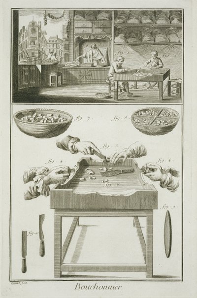 Produkcja korków do butelek, z Encyclopedie des Sciences et Metiers autorstwa Denisa Diderota (1713-84) opublikowanej ok. 1770 r. autorstwa French School