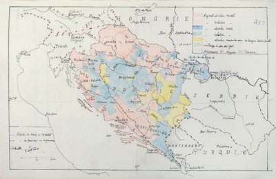 Mapa Bośni ze szczegółami obszarów zajmowanych przez mniejszościowe grupy etniczne, 1910 (pióro, atrament i toaleta) autorstwa French School
