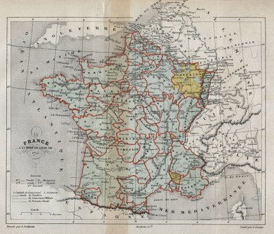 Mapa Francji po śmierci Ludwika XIV w 1715 r. - Plan de la france a la mort de Louis XIV en 1715 - grawerowanie w „Histoire de France” Victora Duruya (1811-1894) - 1882 autorstwa French School