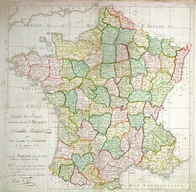 Mapa Francji z planami podziału departamentów, 1789 (kolor lito-tramentowy) autorstwa French School