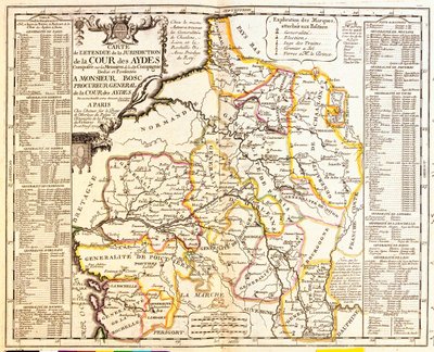 Mapa terytoriów francuskich objętych podatkiem, 1709, z Le Theatre du Monde autorstwa Jean-Baptiste Nolin, wydana 1717 (rycina ręcznie kolorowana) autorstwa French School