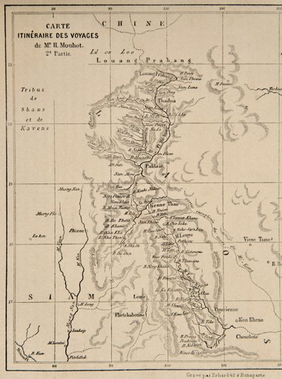 Mapa Laosu i rzeki Mekong przedstawiająca trasę podróży Henri Mouhota, ilustracja z Podróży po środkowych częściach Indochin (Syjamu), Kambodży i Laosu w latach 1858, 1859, autorstwa French School